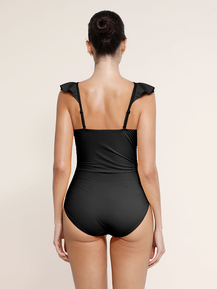 SculptiqStyles™Ruffled V-Neck One-Piece Swimsuit with Lace-Up Back