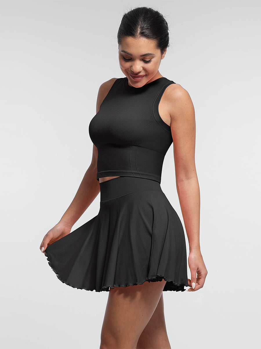 SculptiqStyles™ Mid-Waist Flared Skirt with Built-In Shorts & Pockets