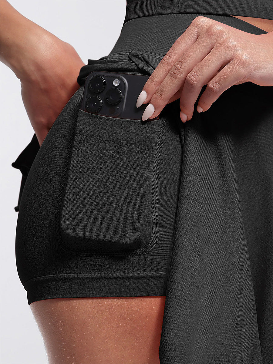 SculptiqStyles™ Mid-Waist Flared Skirt with Built-In Shorts & Pockets