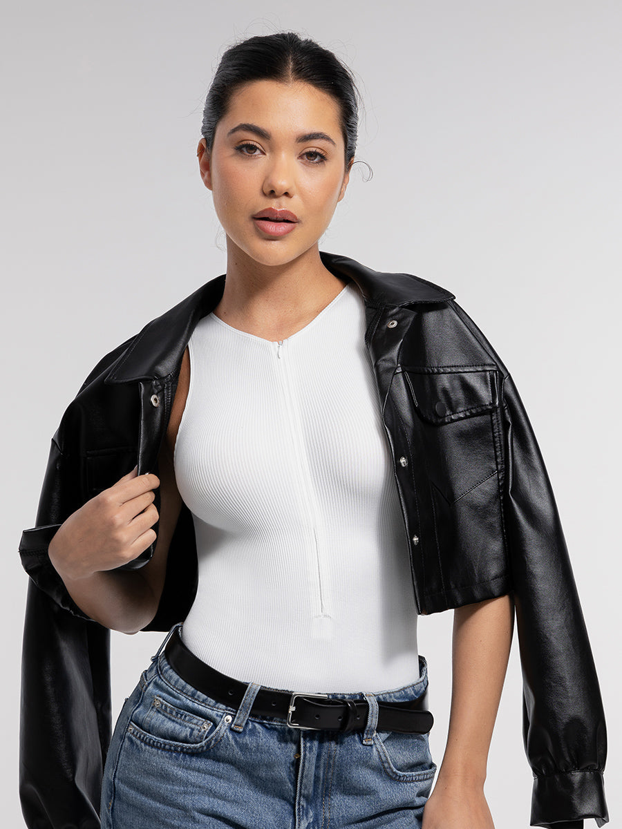 SculptiqStyles™ Seamless Ribbed Zip-Front Sleeveless Bodysuit