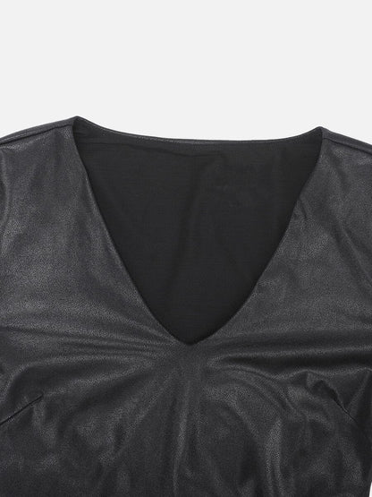 Wholesale High Elastic Faux Leather Deep V-neck Abdomen Tightening Bodysuit