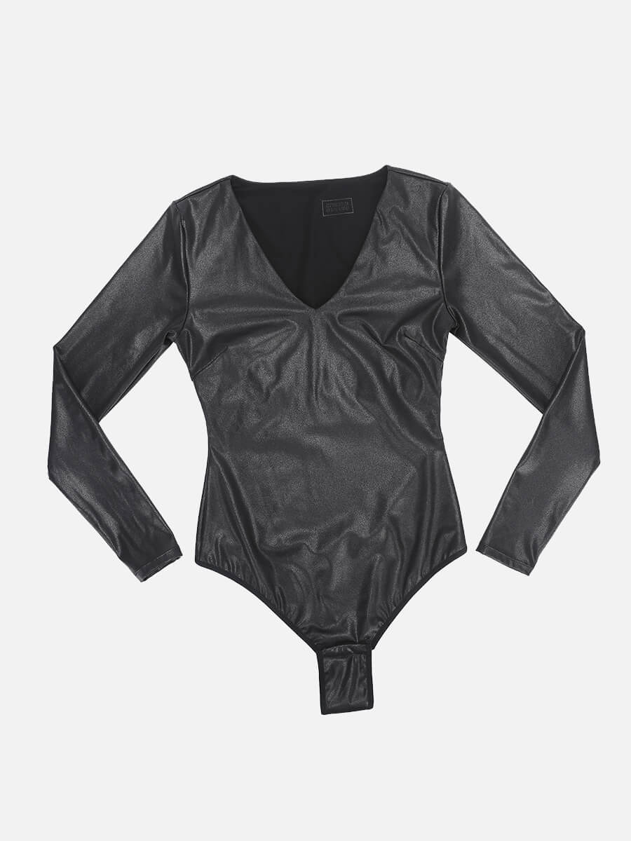 Wholesale High Elastic Faux Leather Deep V-neck Abdomen Tightening Bodysuit