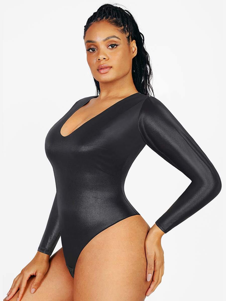 Wholesale High Elastic Faux Leather Deep V-neck Abdomen Tightening Bodysuit