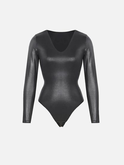 Wholesale High Elastic Faux Leather Deep V-neck Abdomen Tightening Bodysuit