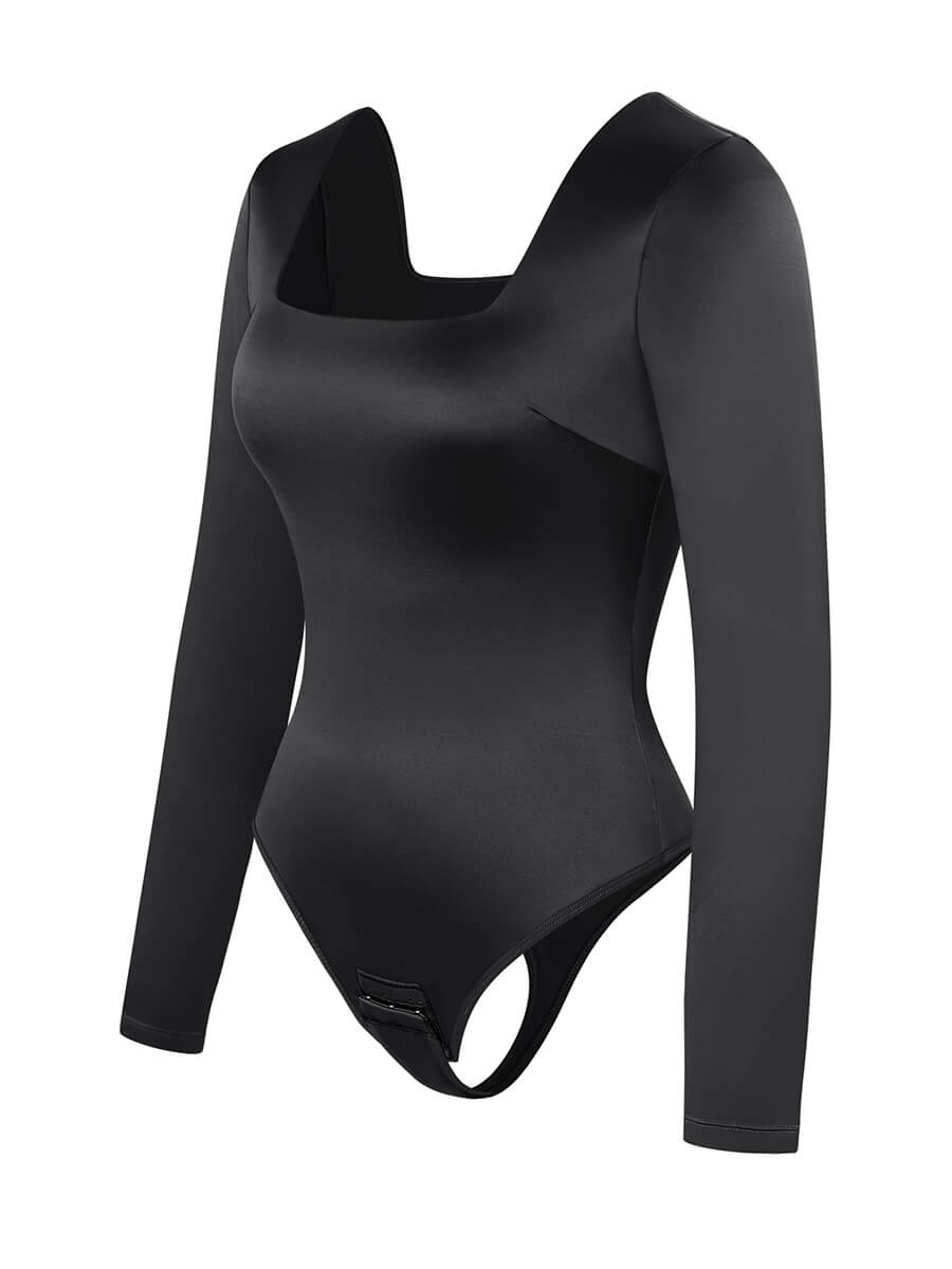 Wholesale Square Neck Long Sleeve Sleek Thong Bodysuit