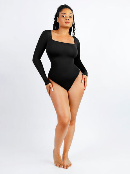 Wholesale Seamless Square Neck Long Sleeve 360° Waist Control Thong Bodysuit