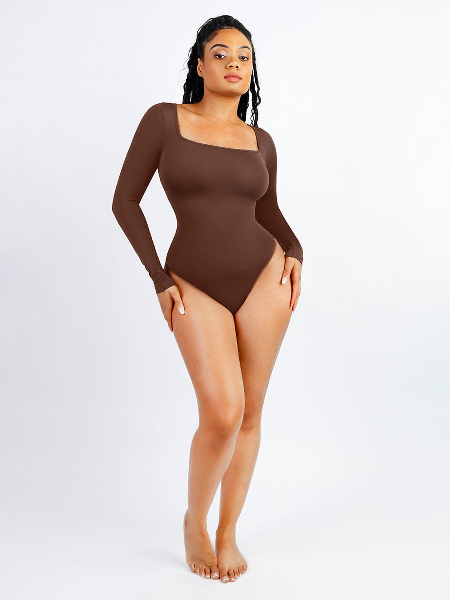 Wholesale Seamless Square Neck Long Sleeve 360° Waist Control Thong Bodysuit