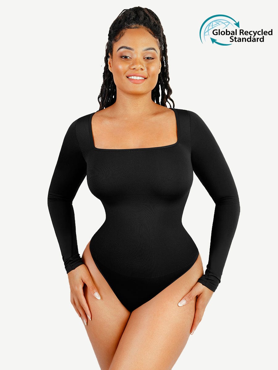 Wholesale Seamless Eco-friendly Square Neck Long Sleeve 360° Waist Control Thong Bodysuit