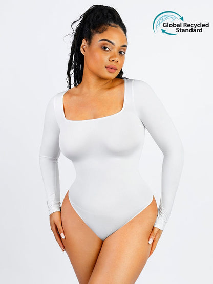 Wholesale Seamless Eco-friendly Square Neck Long Sleeve 360° Waist Control Thong Bodysuit