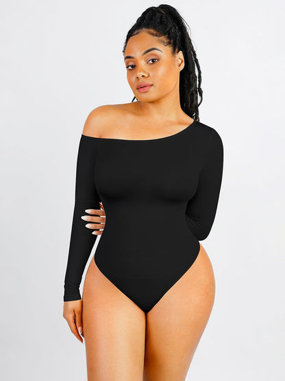 Wholesale Seamless Diagonal Neck Long Sleeve Waist Trimming Thong Bodysuit