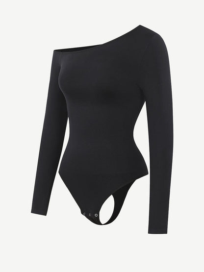 Wholesale Seamless Diagonal Neck Long Sleeve Waist Trimming Thong Bodysuit