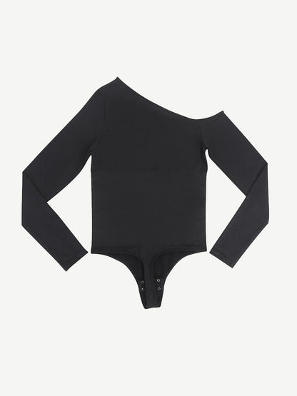 Wholesale Seamless Diagonal Neck Long Sleeve Waist Trimming Thong Bodysuit