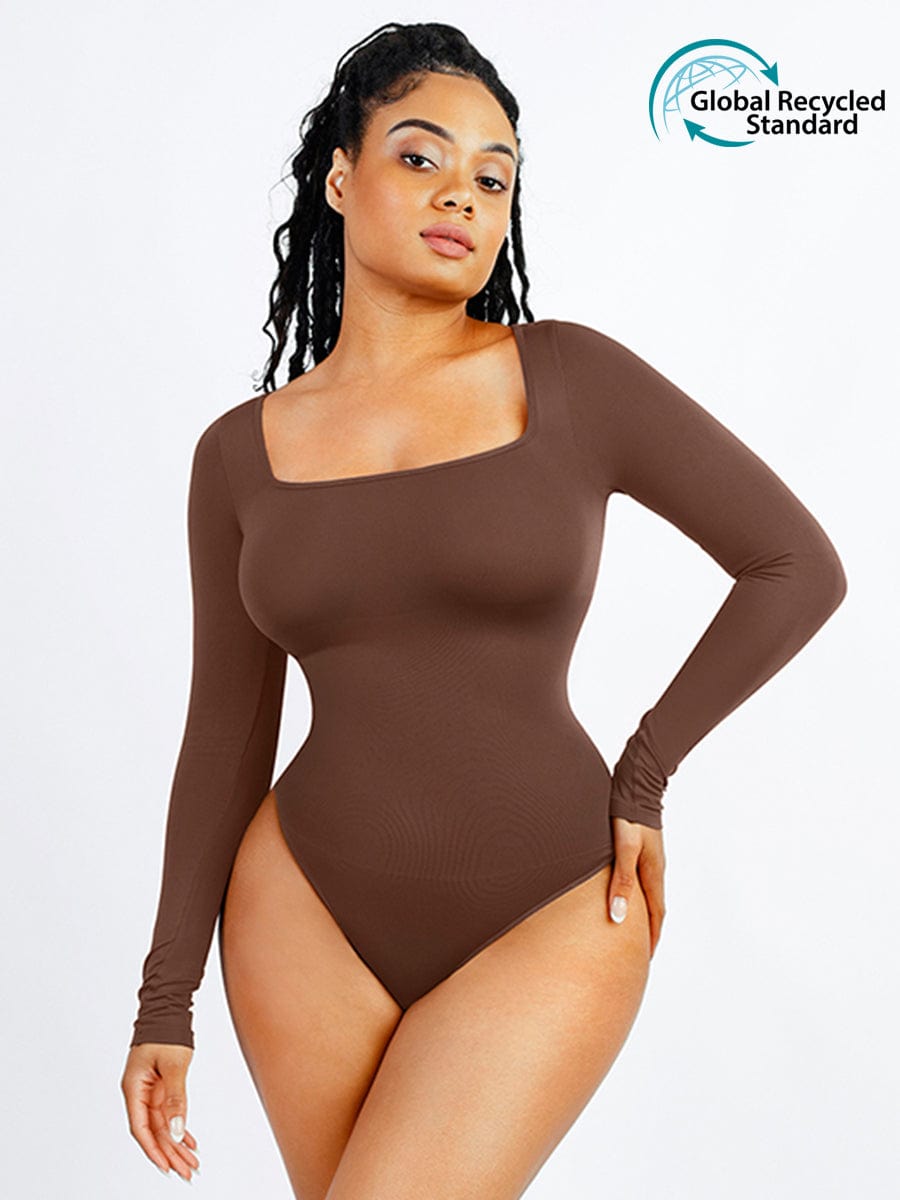 Wholesale 🌿Seamless Eco-friendly Square Neck Long Sleeve 360° Waist Control Thong Bodysuit