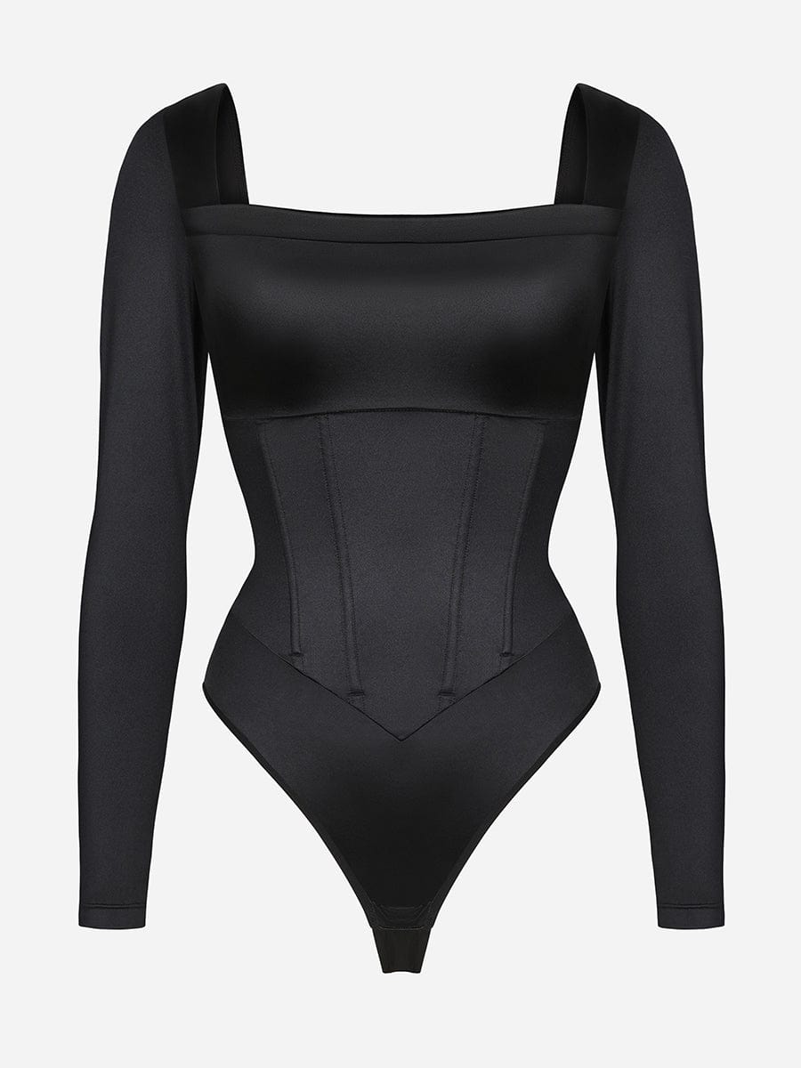 Wholesale Retro Square Neck Built in corset Tummy Control Bodysuit With removable coasters